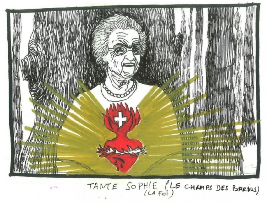 Dessin d'une vieille dame avec un coeur rouge. Il est écrit en dessous "Tante Sophie (le champ des barbus) (la foi)"