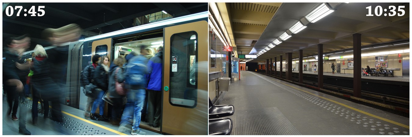 Une fois l'heure de pointe passée, le métro bruxellois retrouve son calme.