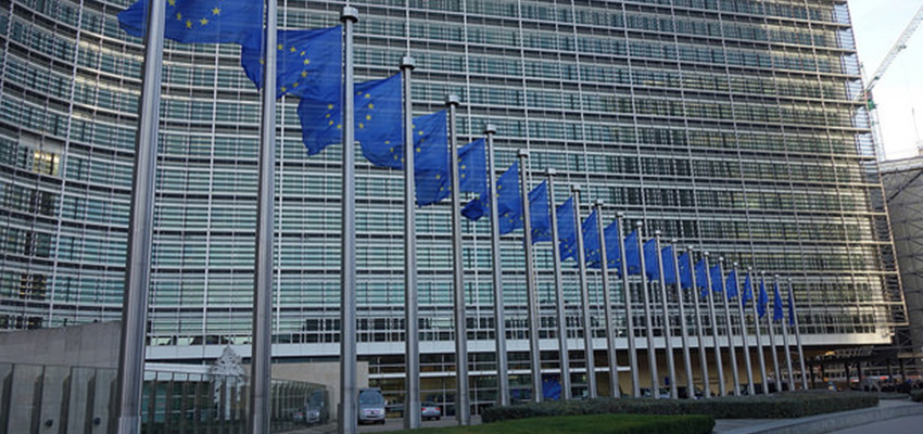 Drapeaux alignés devant la Commission européenne
