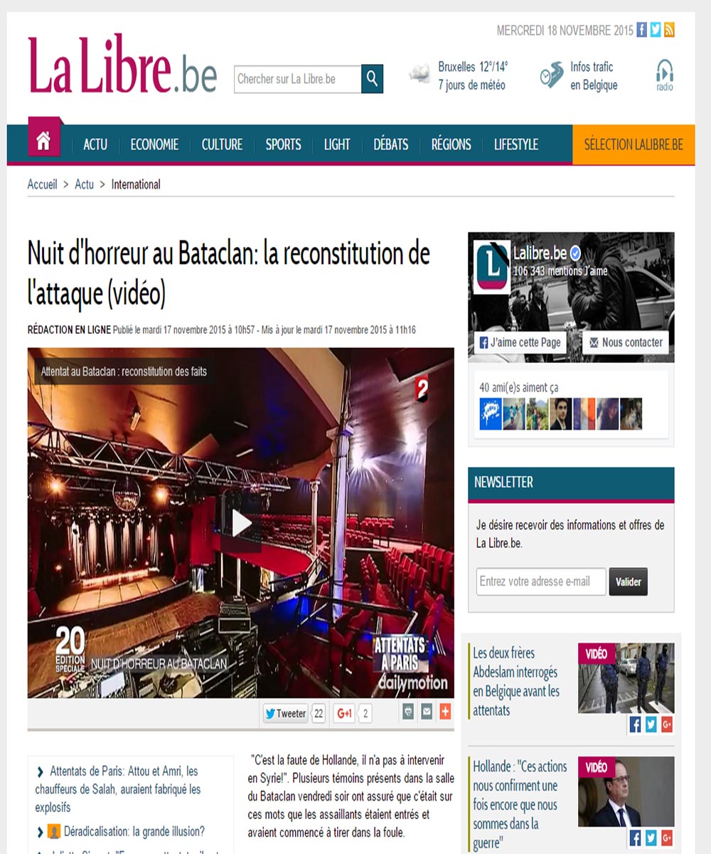 La Libre - 17 novembre 2015 - Nuit d'horreur au Bataclan : la reconstitution de l'attaque