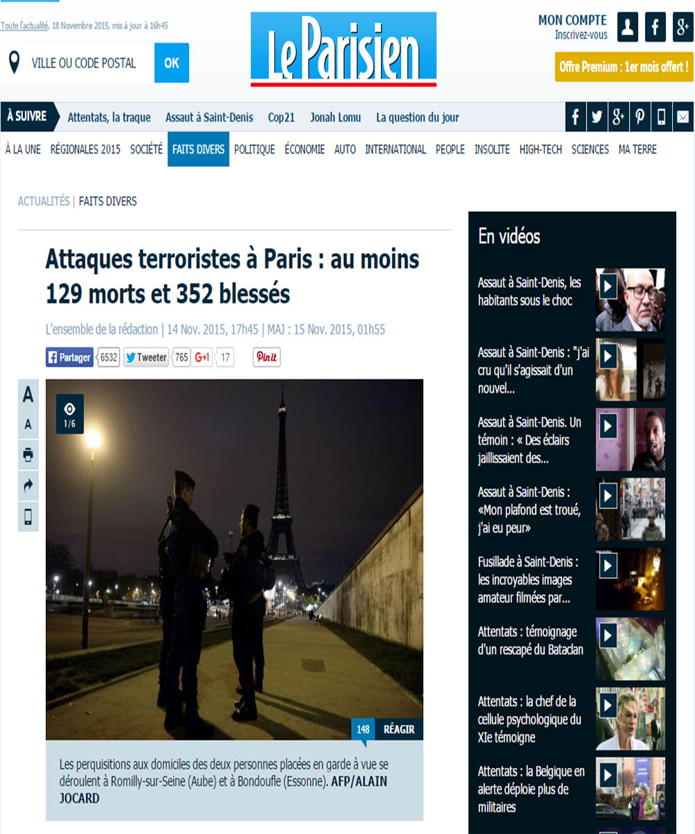 Le Parisien - 14 novembre 2015 - Attaques terroristes à Paris : au moins 129 morts et 352 blessés
