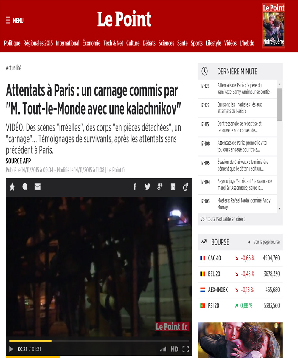 Le Point - 14 novembre 2015 - Attentats à Paris : un carnage commis par "M. Tout-le-monde avec une kalachnikov"