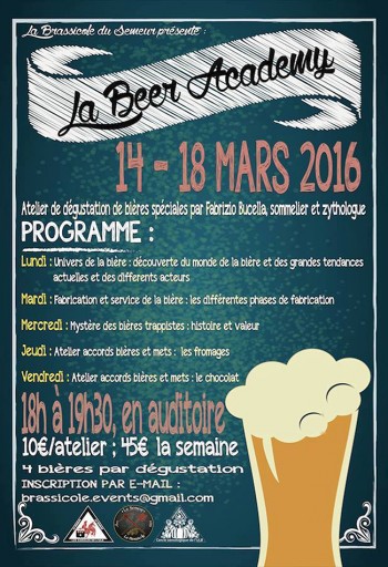 Affiche présentant le programme des ateliers de dégustation de bière organisé par Fabrizio Bucella