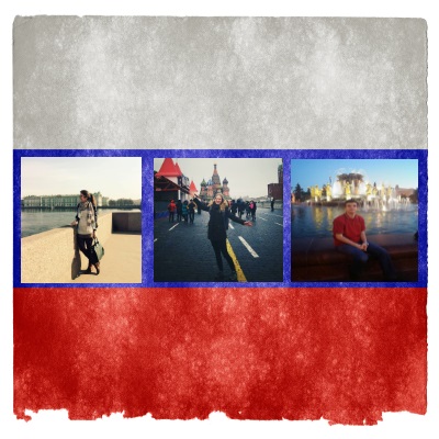 drapeau russe avec la photo de trois étudiants expatriés.