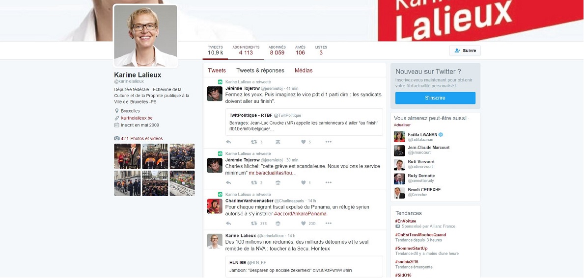 Capture d'écran du compte Twitter de Karine Lalieux (PS)