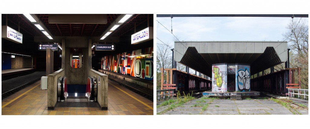 Deux photos : l'une représente un escalator, l'autre, un arrêt de métro à l'extérieur.