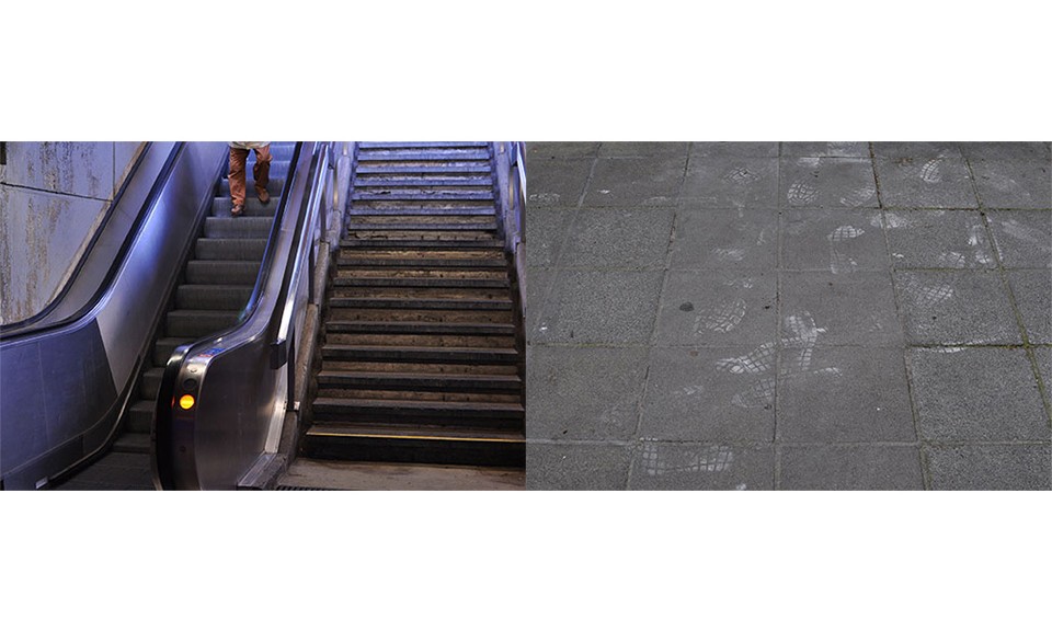 Escalator avec les pieds d’un monsieur + traces de pas sur un trottoir