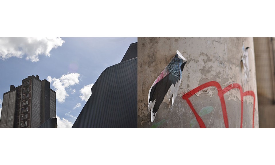 Bâtiment + reste d’affiche sur une colonne en béton