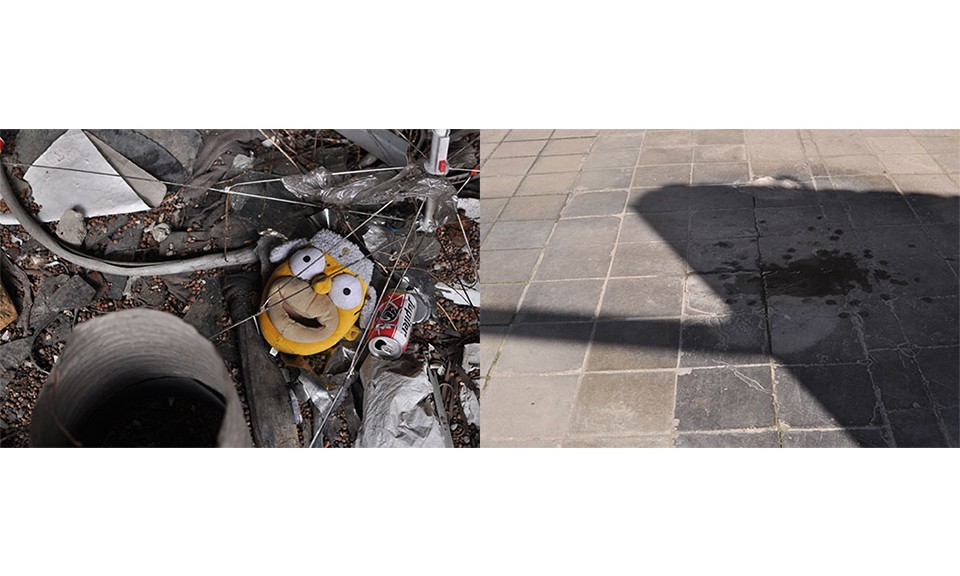 Pantouffles Simpson perdues au milieu de déchets et tache dans une ombre